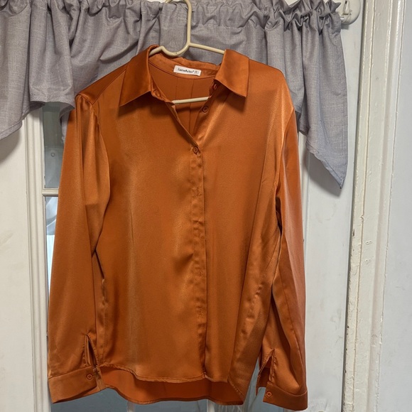 None Tops - Burnt Orange Satin Button Down Shirt